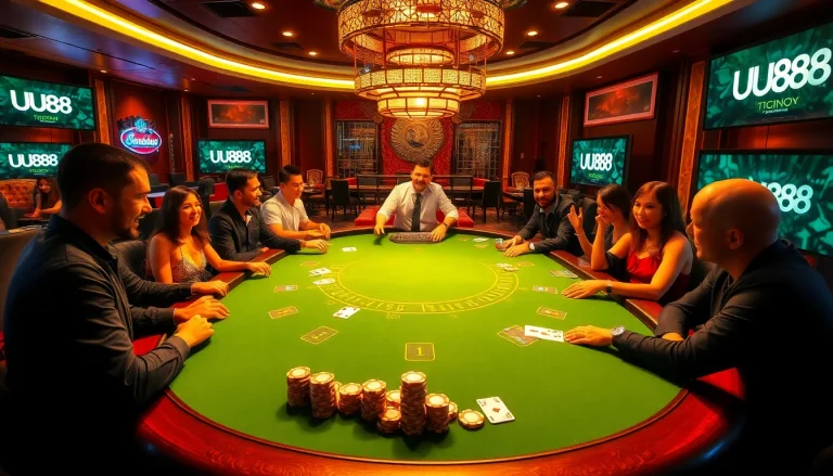 Players enjoying high-stakes blackjack at a luxurious UU88 casino table filled with excitement.