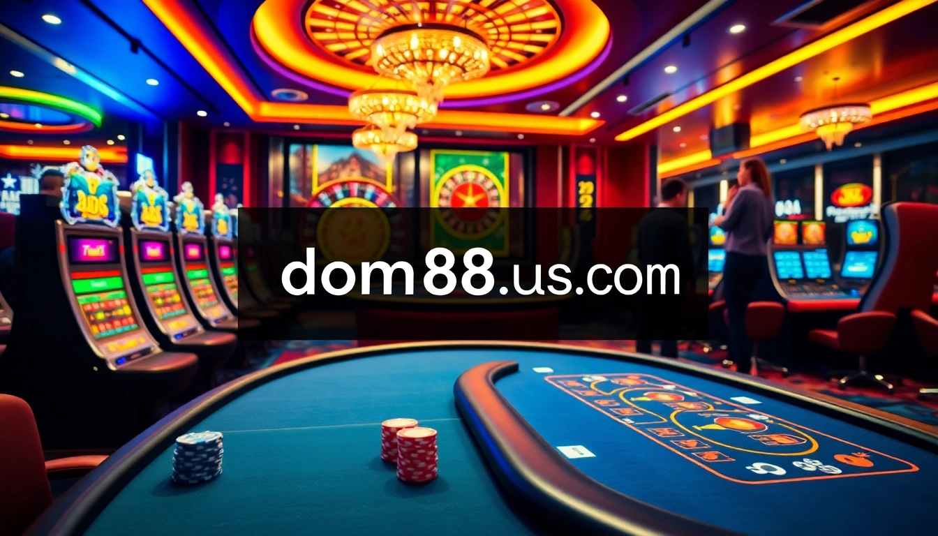 Experience vibrant online gambling excitement at dom88.us.com with poker tables and slot machines.