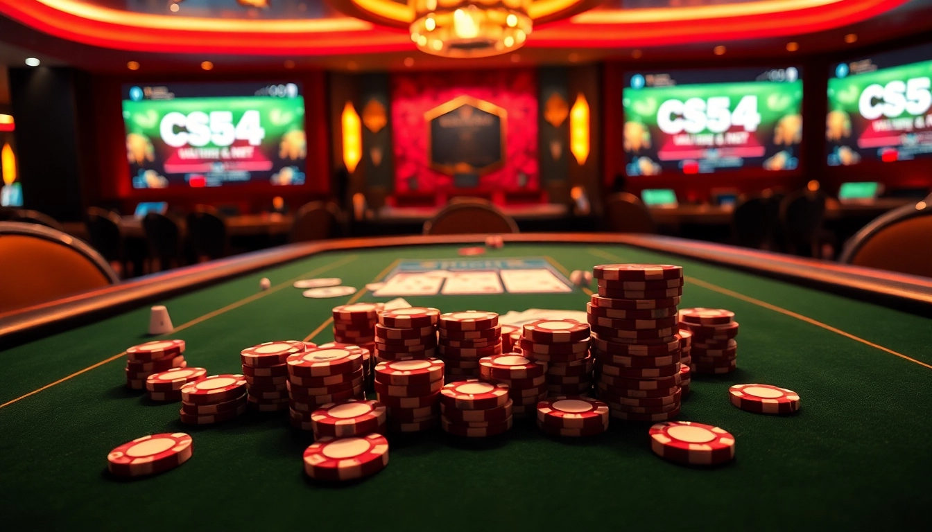 C54.gb.net offers an exciting atmosphere at a luxury casino, featuring poker chips and card games.