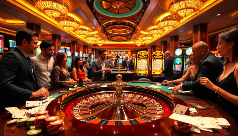 A dynamic casino scene at https://sky88.at/ featuring lively players at a roulette table, colorful slot machines, and engaging poker action.