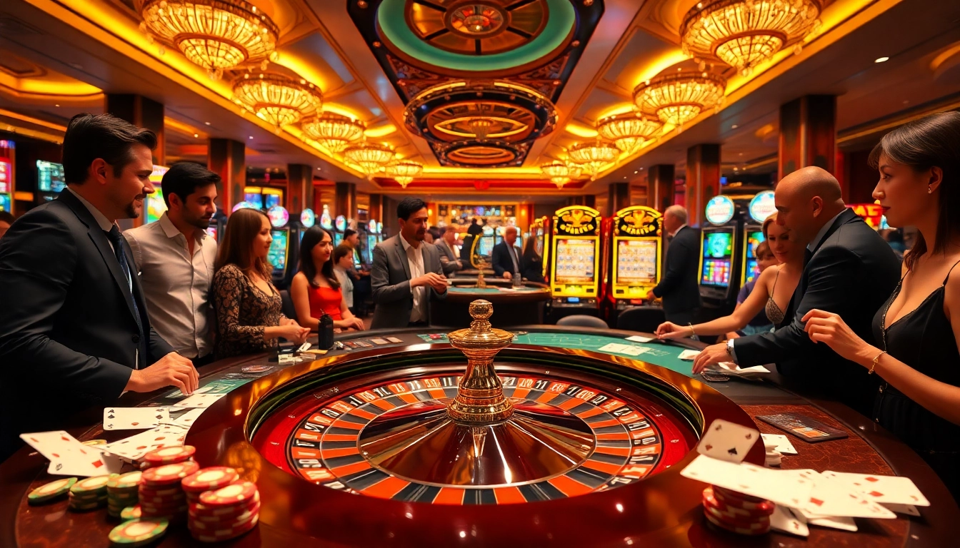 A dynamic casino scene at https://sky88.at/ featuring lively players at a roulette table, colorful slot machines, and engaging poker action.