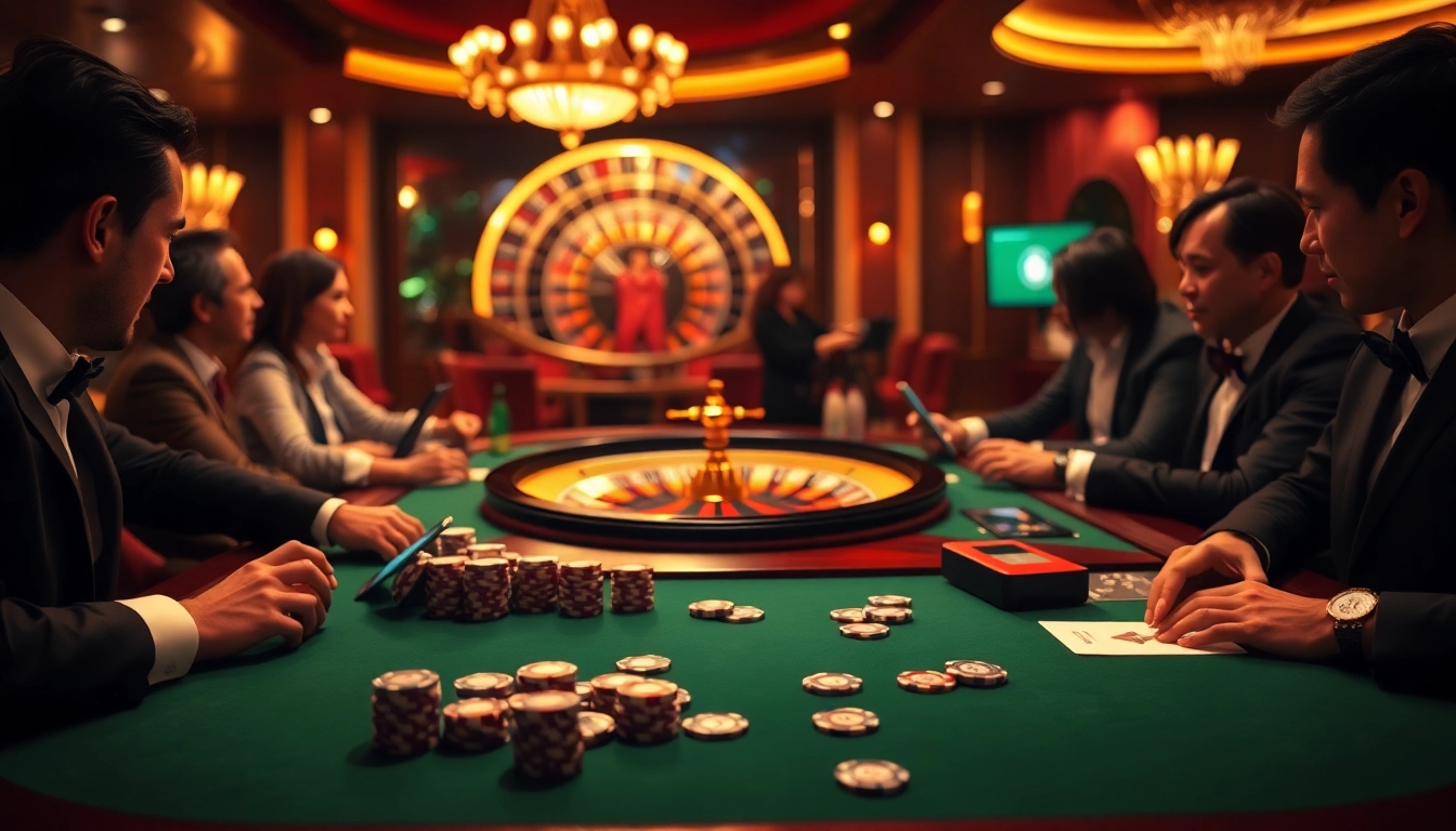 Experience the fun79 app in a luxurious casino setting with high-stakes poker and vibrant roulette wheels.