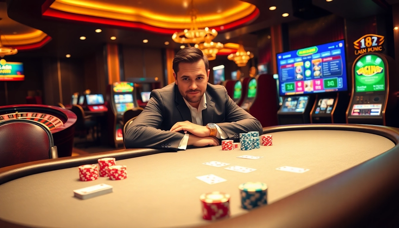 Engaging gambling scene at https://da88.cash/ featuring poker and slot machines.