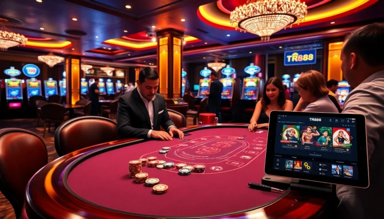 Engaging players enjoy the thrilling action of the tr88 game at a luxurious casino table.
