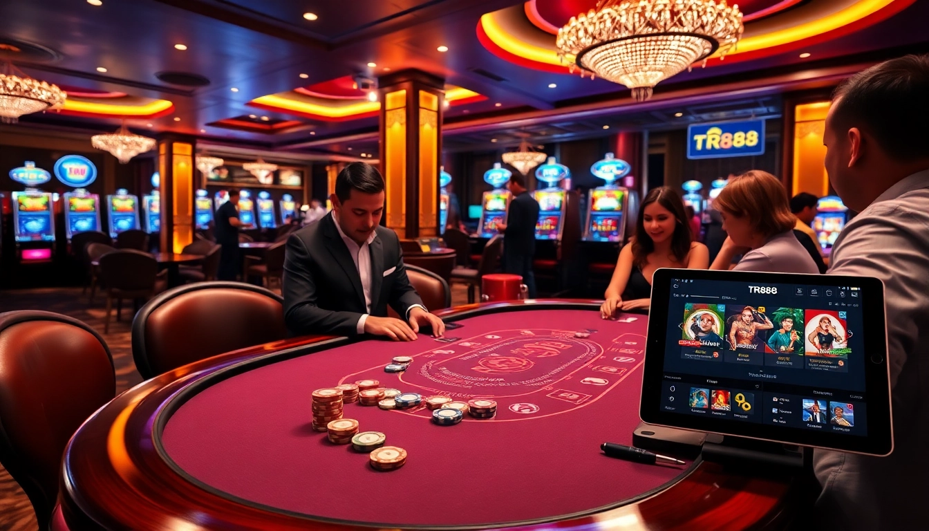 Engaging players enjoy the thrilling action of the tr88 game at a luxurious casino table.
