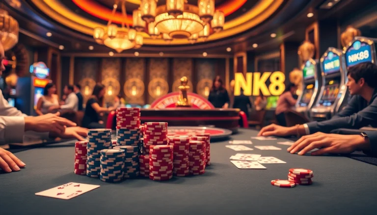 NK88 players engaging in an exciting poker game at a luxurious casino table.