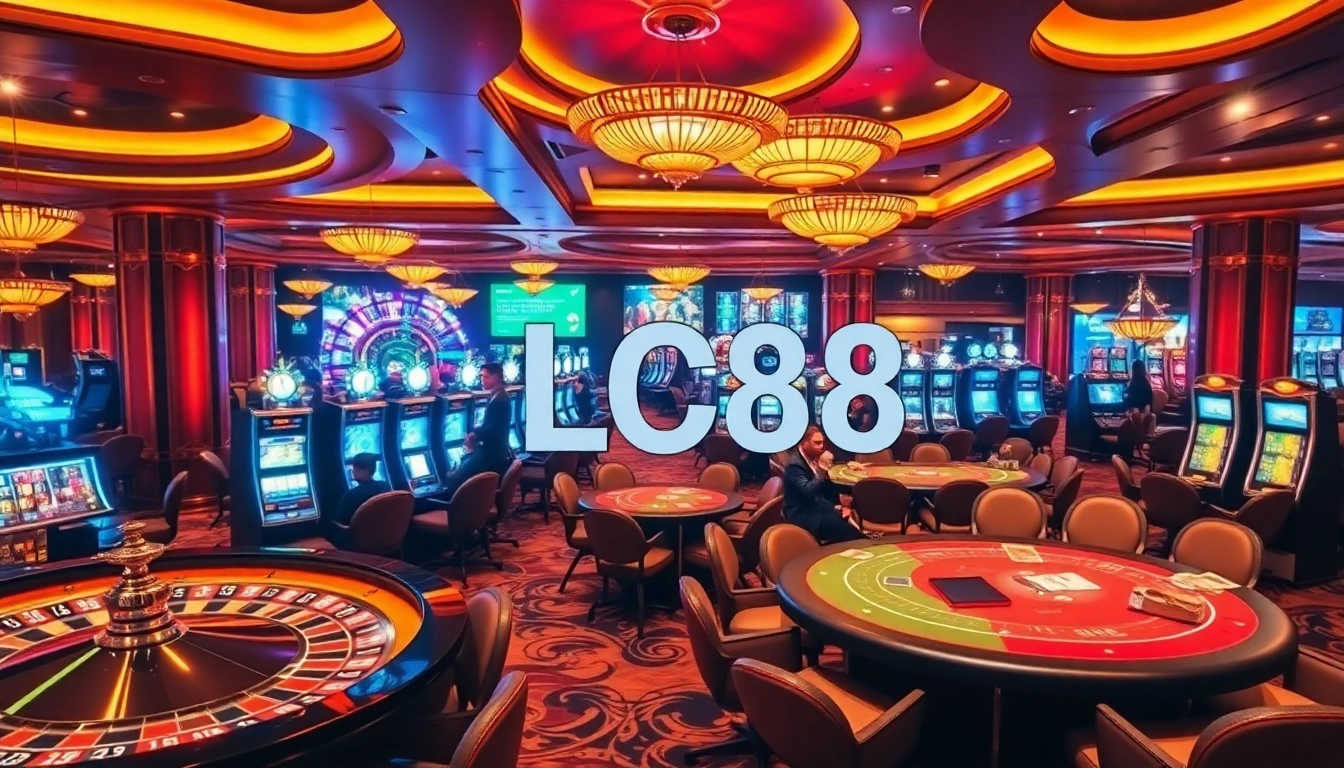 Players enjoying games at lc88 casino with roulette wheel and poker tables.